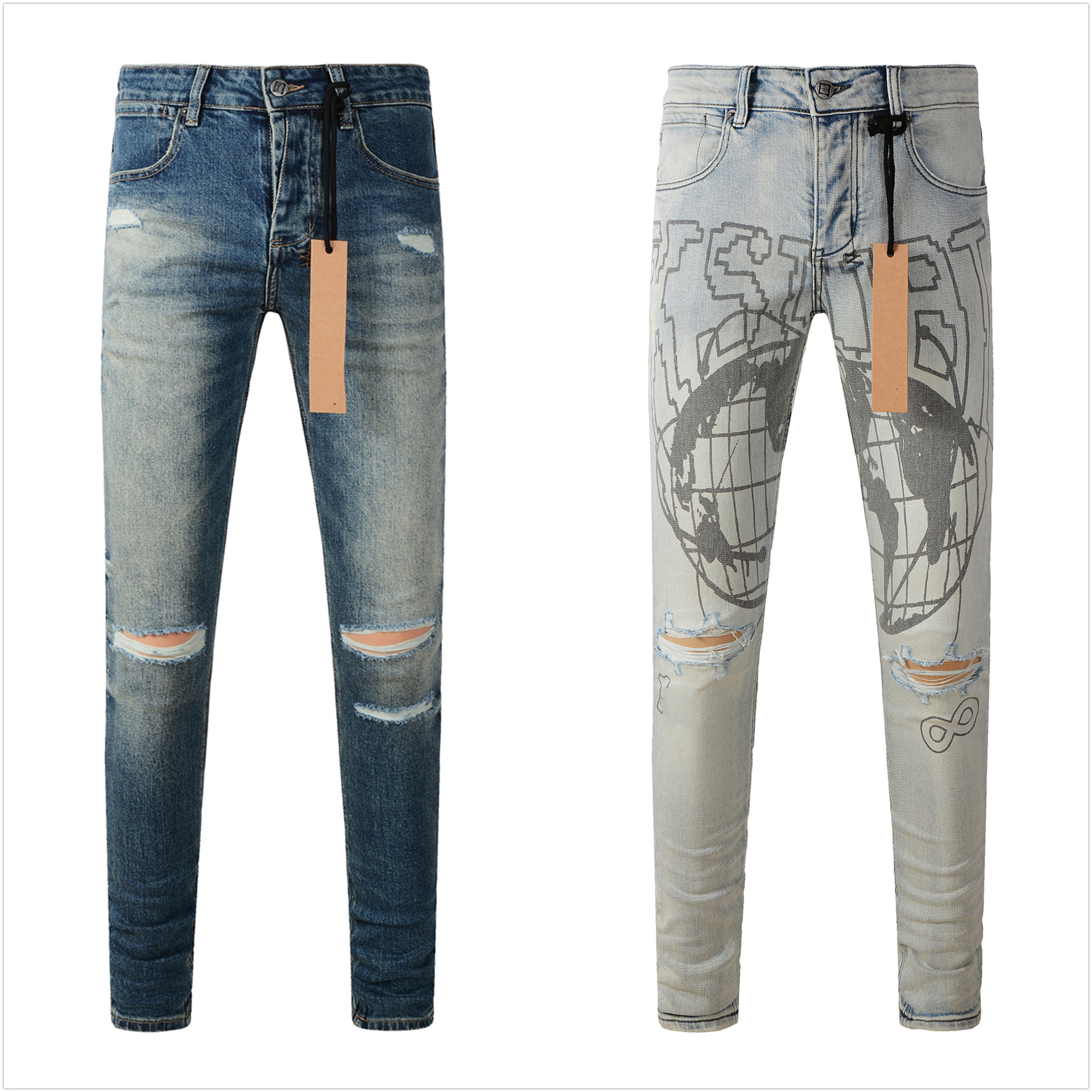 designer jeans mens jeans men slim fit jeans Elastic fabric long skinny button fiy hole pattern ripped embroidery us size 28-40 L1