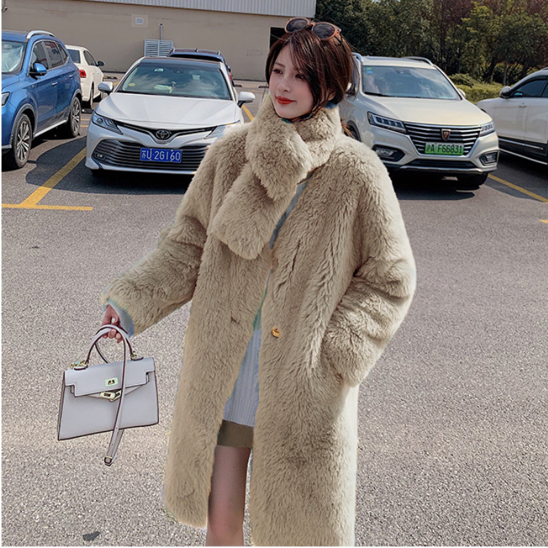 V-Neck Long Faux Fur Women Winter Fluffy Jacket With Shawl Female Dropped Sleeves Plush Coat Elegant Fashion Outerwear 5Xl