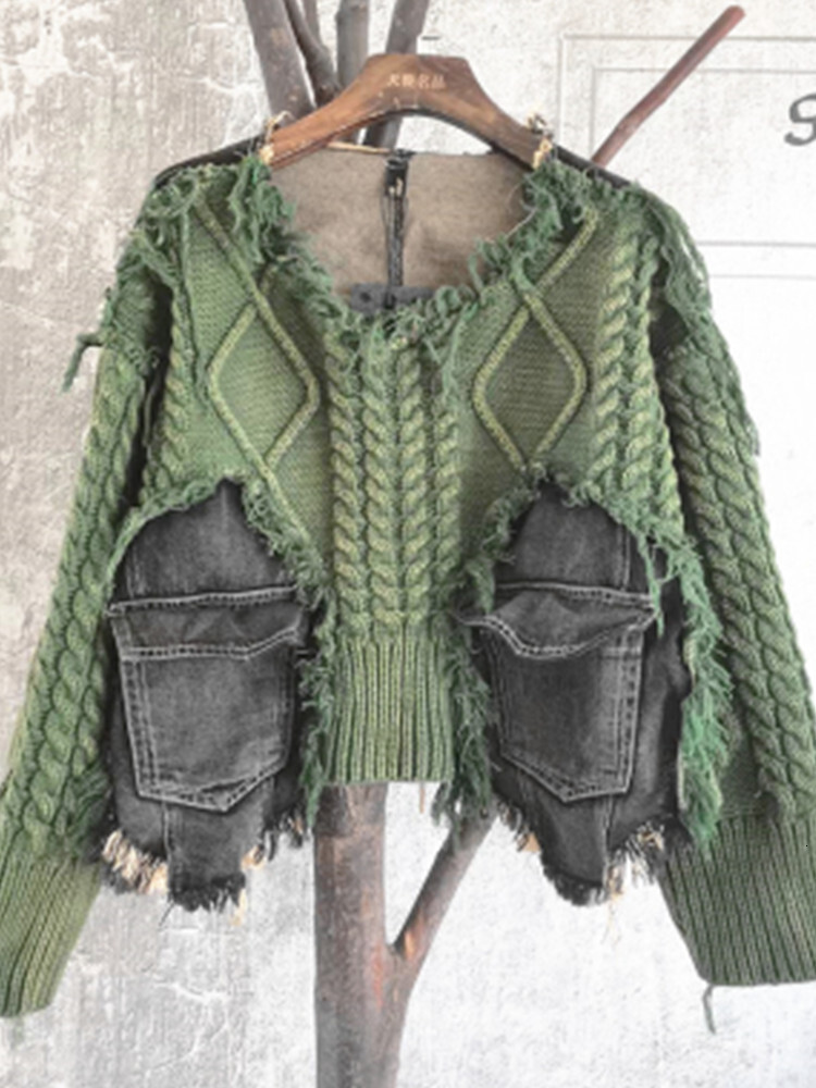 Women Black Green Vintage Denim Knitted Splice Pullover Fashion Classic Irregular Sweater Spring Autumn 2024 Top Lwl303