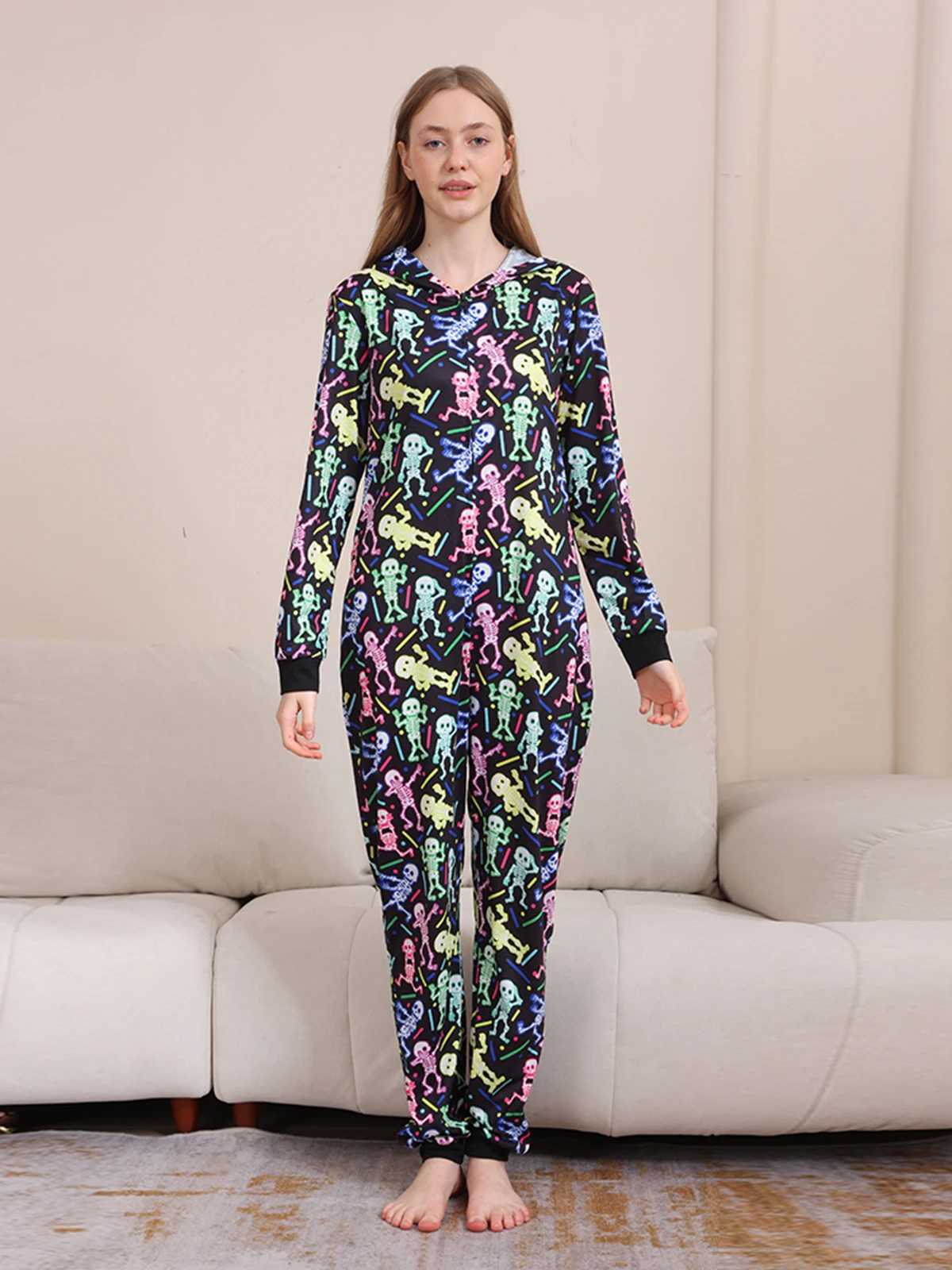 2024 New Halloween Party Mom Dad Kids Matching Outfits Skull Print Zipper Hooded Romper Jumpsuits Soft Sleepwear Family Look PjsXJ241008