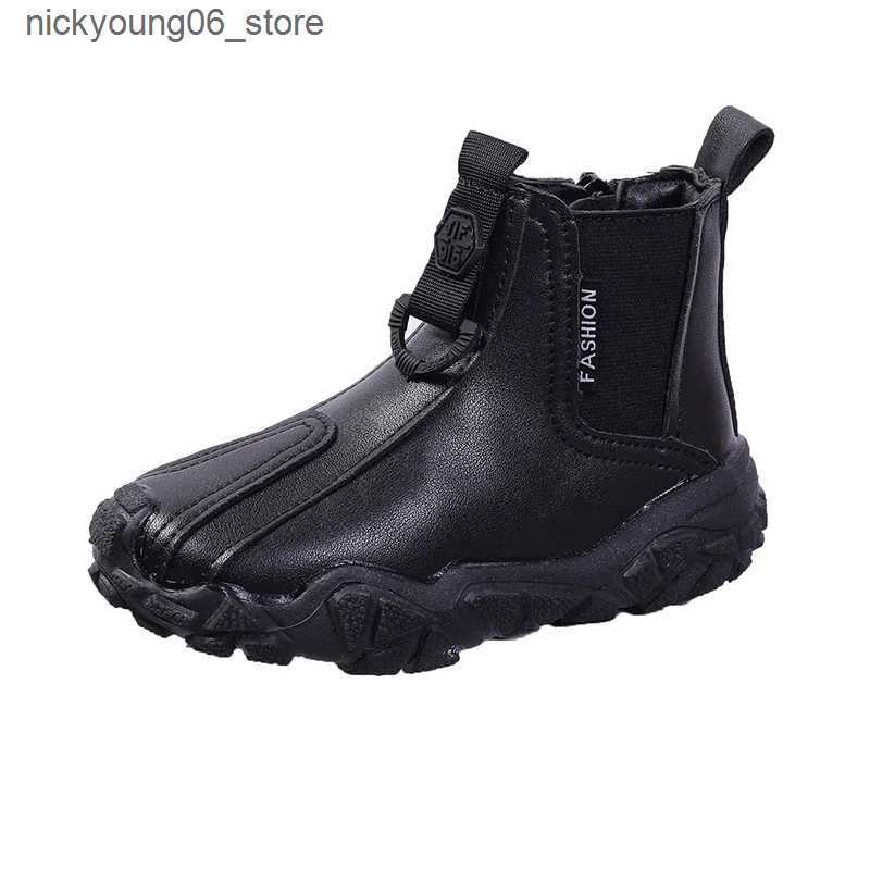 Boots Kids Leather Boots High Quality Plus Cotton Warm Winter Snow Boot Black Non-slip Soft Sole Boy Shoes Zipper Children Ankle Boots L240910