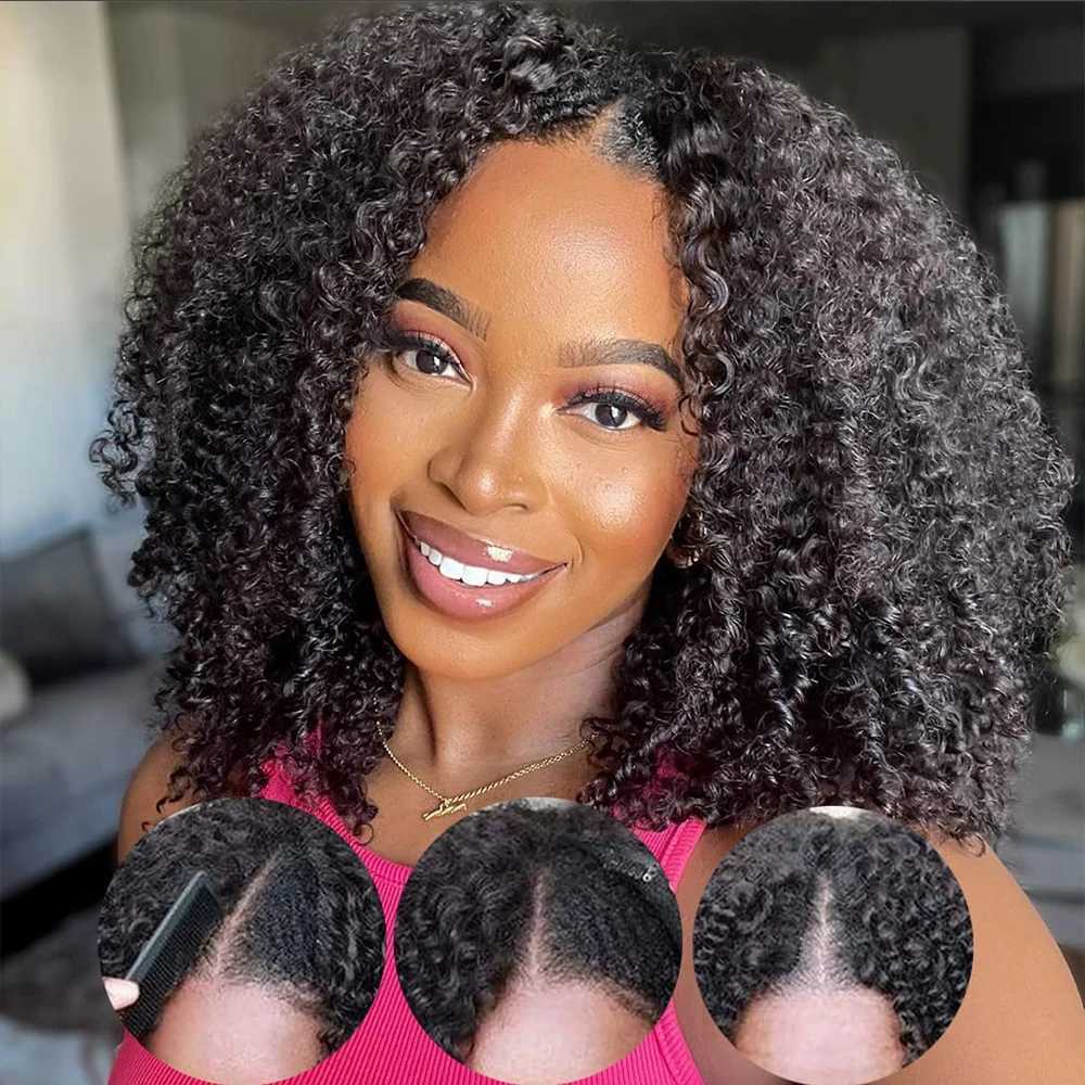 200Density V Shape Wig Afro Kinky Curly Human Hair V Part Wig Short Curly Glueless No Leave Out New V Part Wigs For WomenXJ241008