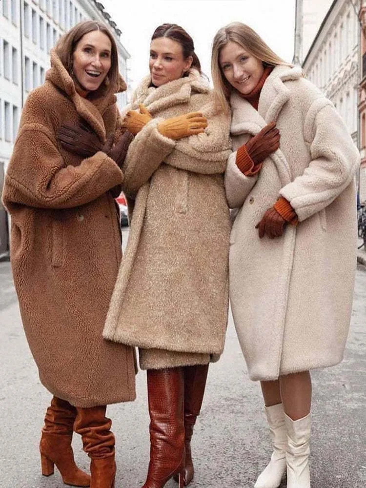 White wool coat womens winter thick warm teddy ultrafine casual long sleeved lapel 241009