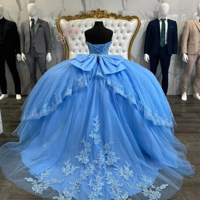 Sky Blue Shiny Off The Shoulder Quinceanera Dresses Ball Gown Tulle Lace Applique Sweet 16 Dress Birthday Party Vestido De Charra 15 Anos