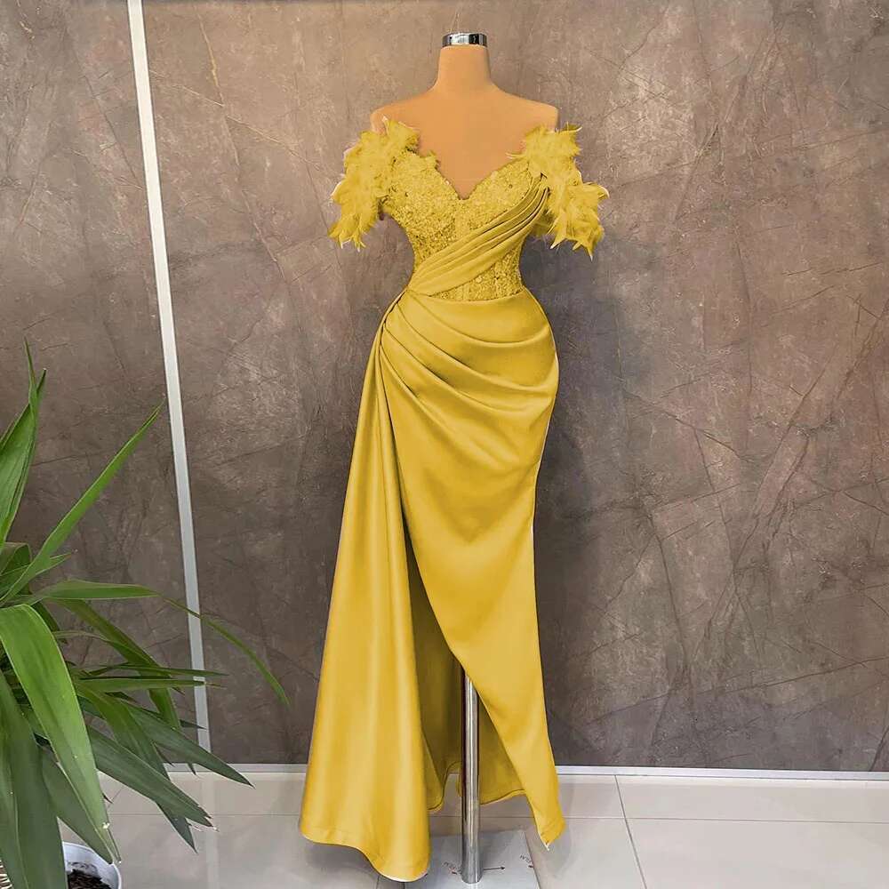 Pink Satin Feather Evening Ladies Party Sleeveless Beaded Sexy Prom Mermaid High Split Formal Ocn Dress