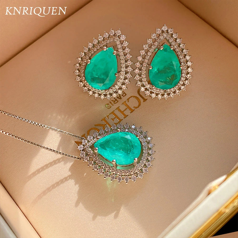 Pearl shaped Paraiba Tourmaline Laboratory Diamond Pendant Necklace Stud Earrings Jewelry Set Womens Gift 240927