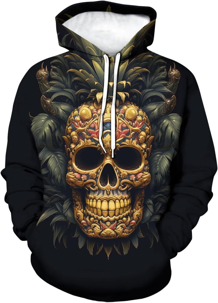 Hoodie for Mens Womens Psychedelic Gold Skull Hoodies Printed Hooded Hipster Hip Hop Funny Sweatshirt Hoodie Graphic comfort
