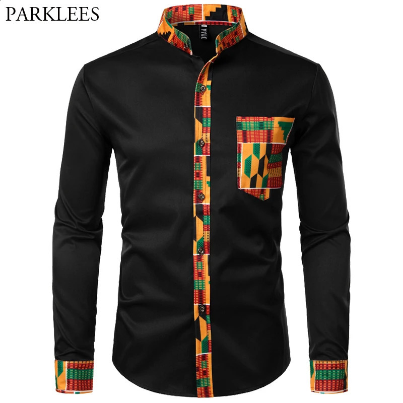Dashiki African mens shirt patch work pocket African print mens Ankara style long sleeved collar mens dress shirt 241008