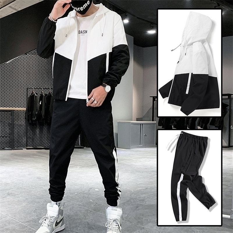 Patchwork Hip Hop Casual Mens Sets Korean Style 2 Piece Sets Clothes Men Streetwear Fitness Male Tracksuit 241007