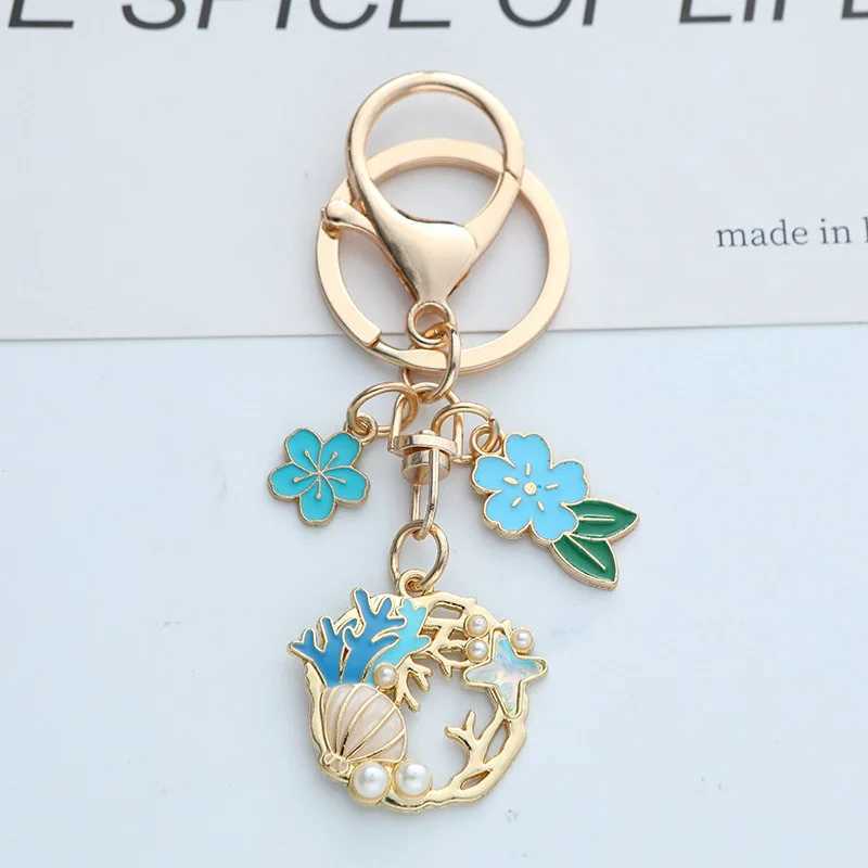 Ocean Style Drop Oil Shell Starfish Cherry Blossoms Keychain Fashion Creative Gold Color Metal Keychain Bag Car Key DecorationX241008