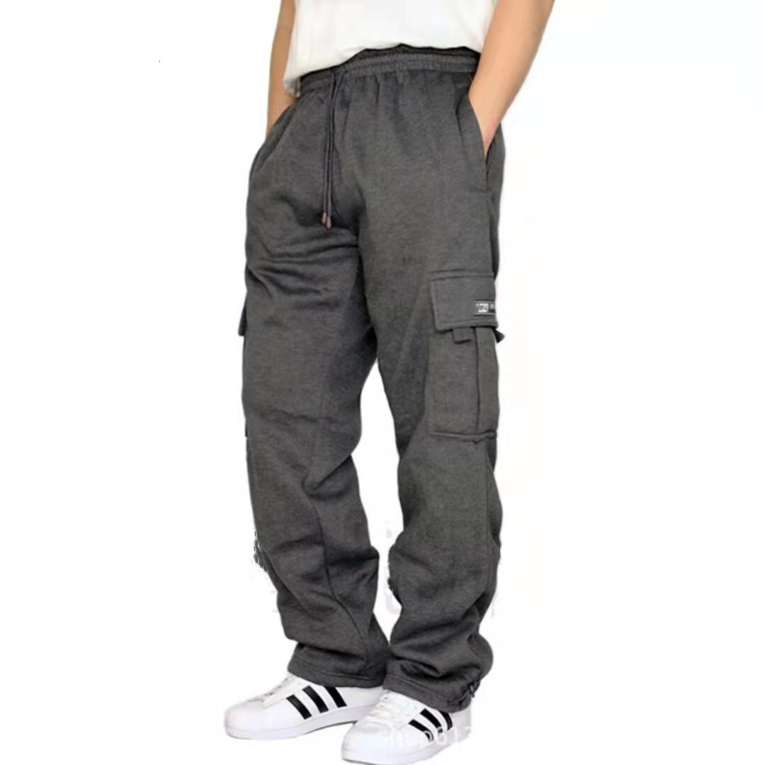 2024 new sports and leisure pants with velvet bundle feet multiple pockets tie rope men's loose work clothes pants