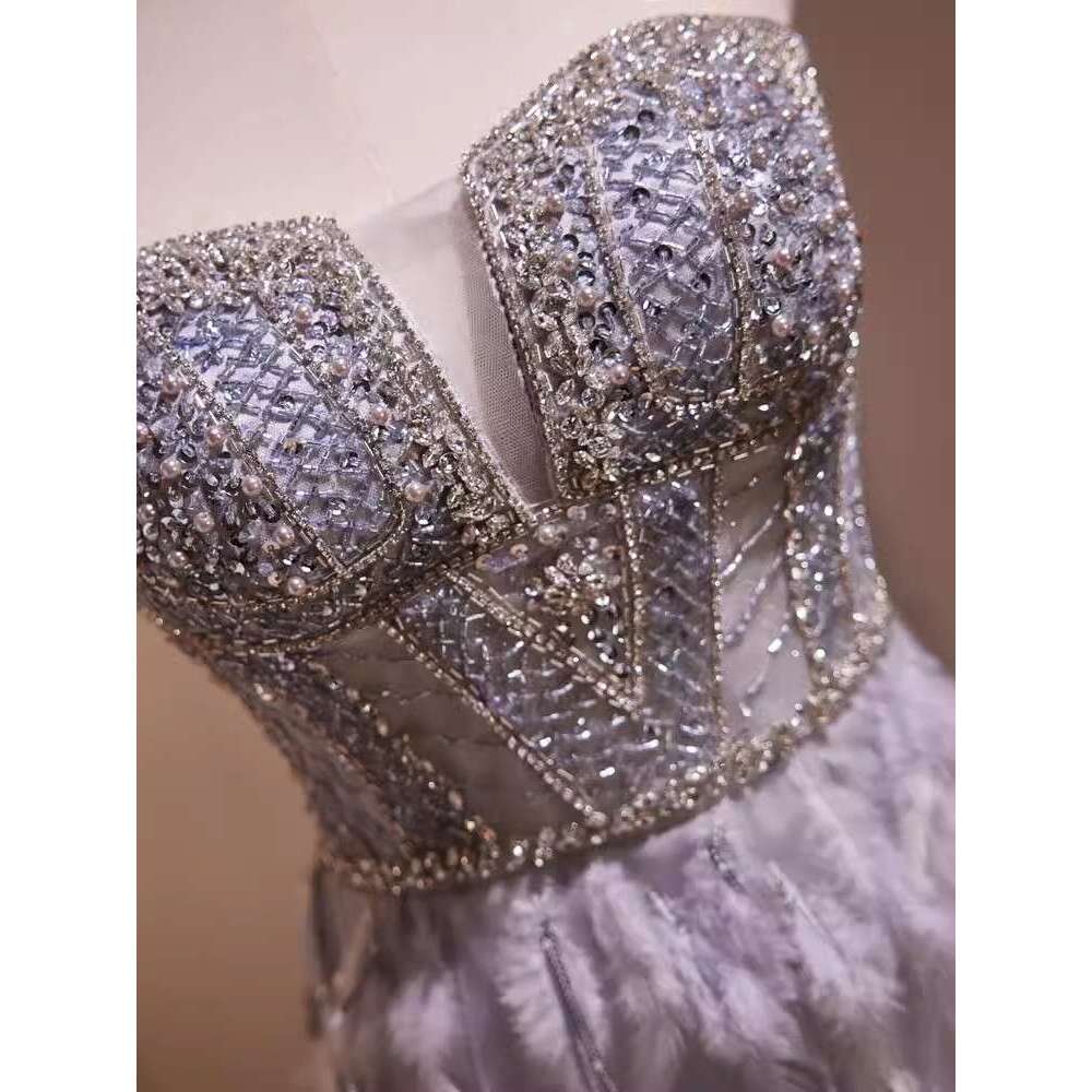 Real Picture Grey Evening Dresses 2024 Sweetheart Beaded Feather Mermaid Long Formal Ocn Dress Party Pageant Wear