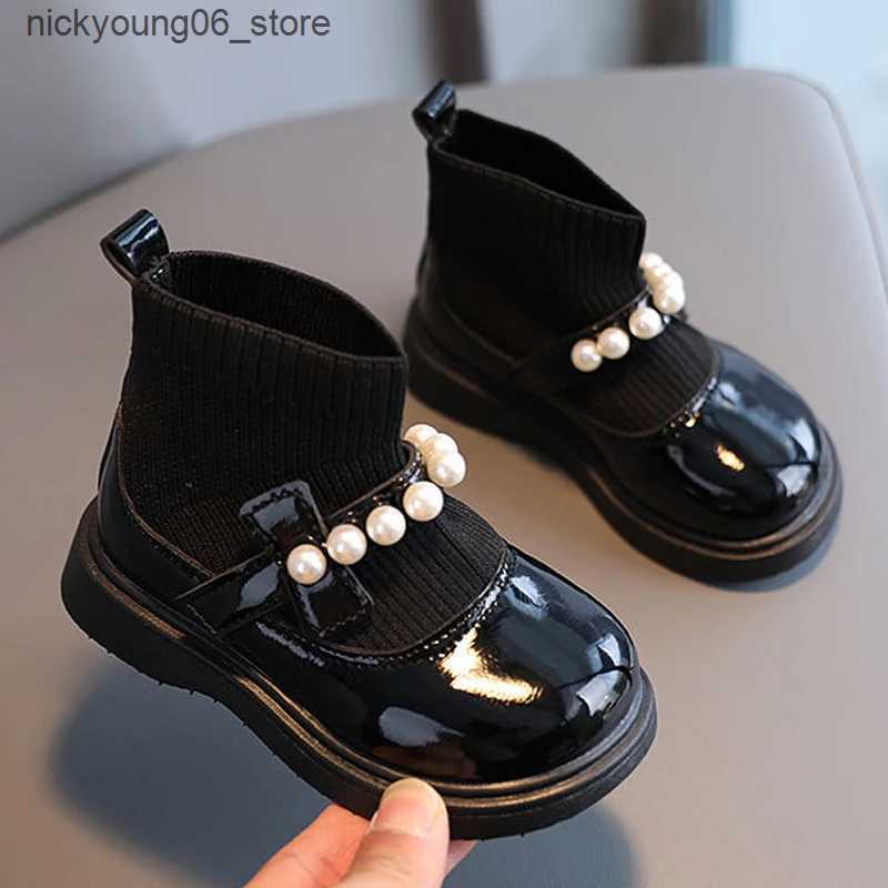 Boots Fashion Pearl Knit Splicing Girls Ankle Boots Soft Bottom Kids Casual Shoes Princess Slip-on Children Boots Baby Sports Sneakers L240910