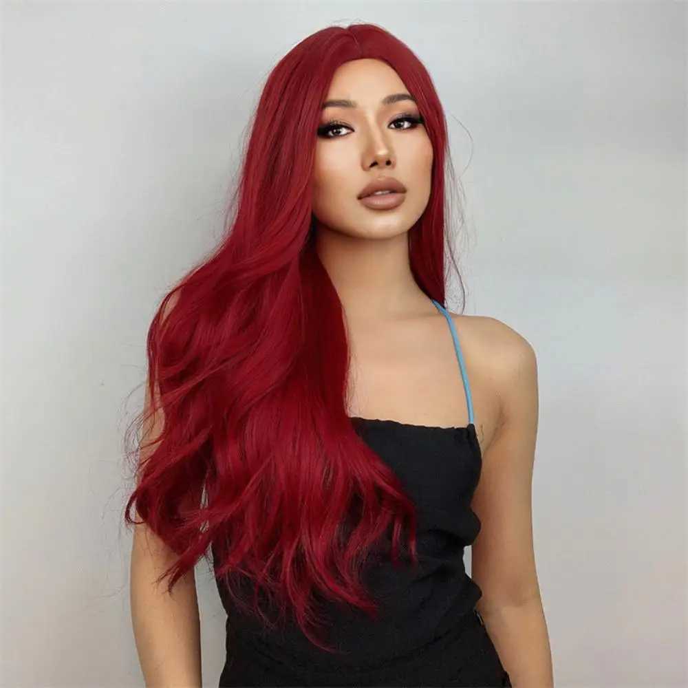 Long Curly Red Synthetic Wig Middle Part Fluffy Big Wave Wig Ladies High Temperature Silk Heat Resistant Daily Party UseXJ241008