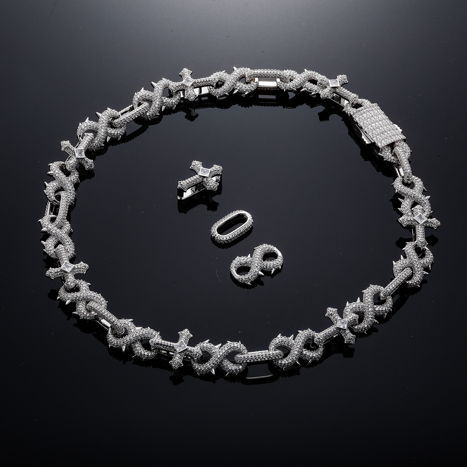 Hip Hop 8-shaped Thorn Cross Cuban Link Chain Necklace Bling Full Cubic Zirconia Iced Out Diamond Personalized Mens Necklaces Choker Bracelet Accessor