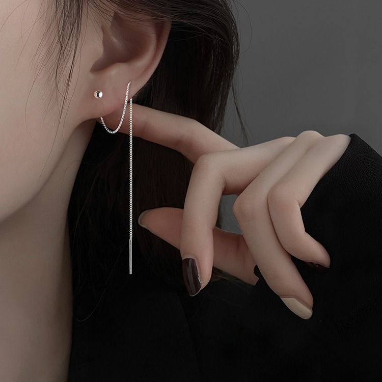 Round bead 2024 new style temperament hole ear line women's silver needle long earrings round face looks slim