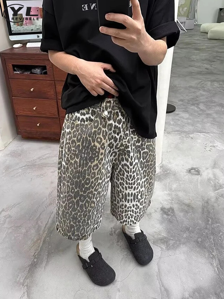 Street retro leopard print denim shorts mens wide leg pants Y2k hip-hop pocket jeans five point mens style 241007