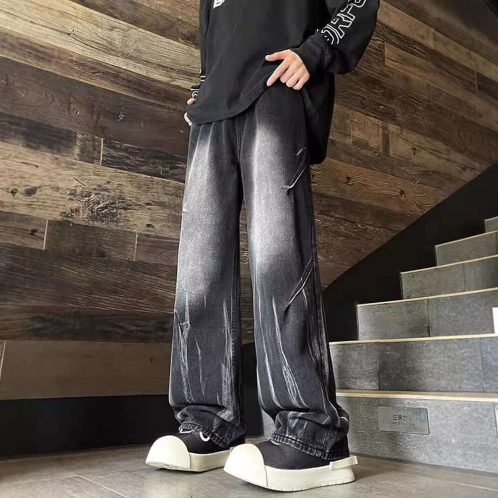 American High Street Hip-Hop Pants With Trendy Brand Design, Tie Dye Gradient Wide Leg Pants For Men, Loose Straight Leg Jeans Men's jeans