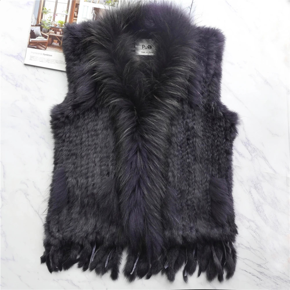 Womens genuine rabbit fur vest tassel coat raccoon fur collar jacket waist clothing wholesale direct 240924