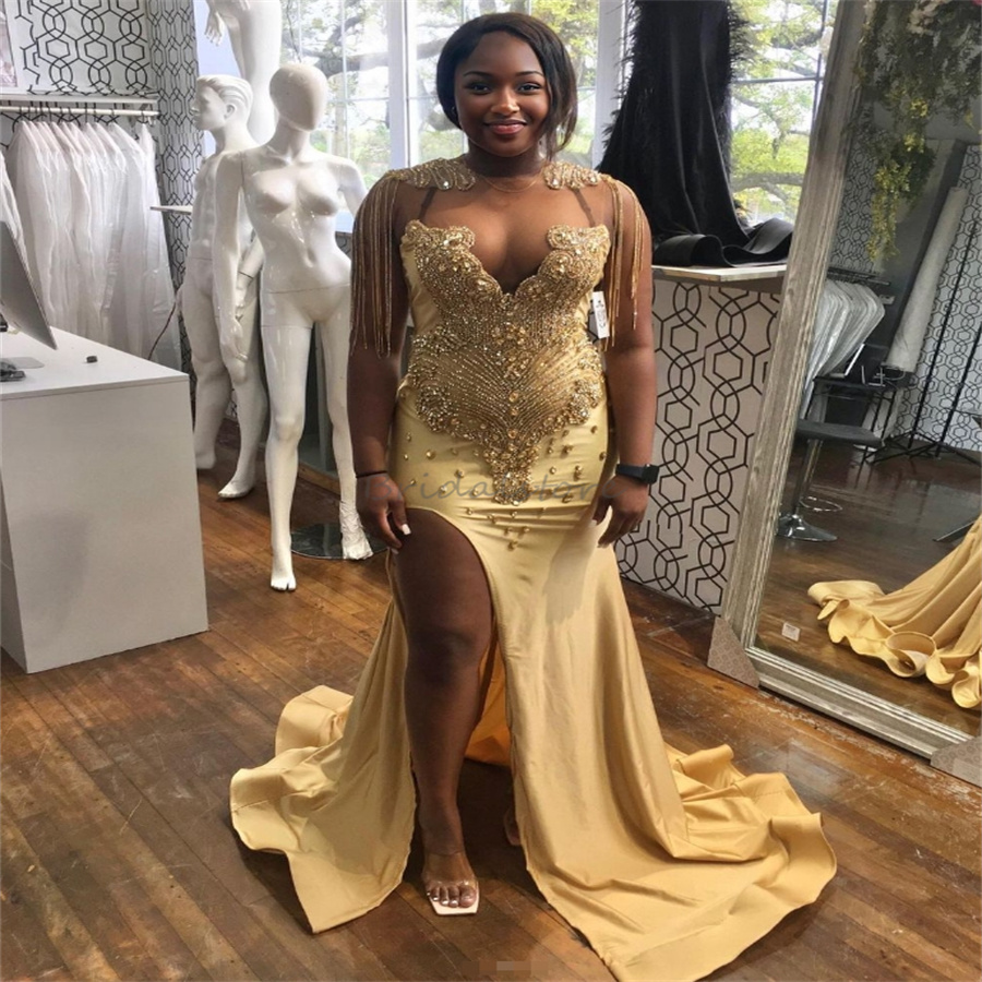 Luxury Gold Mermaid Prom Dresses With Rhinestone Crystal Gorgeous Black Women Evening Dress With Slit Tassel Beaded Birthday Formal Occasion Dress Plu