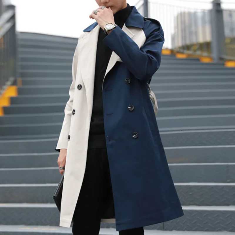 Autumn Windbreaker fashion double chest long jacket mens streetwear comparison stitching mens Abrigo Hombre trench coat mens W241007