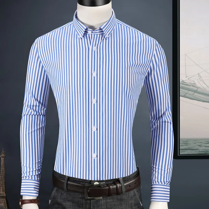 Mens long sleeved needlepoint striped dress with high-quality pocket free ultra-thin fit casual button down easy to care cotton shirt 241007
