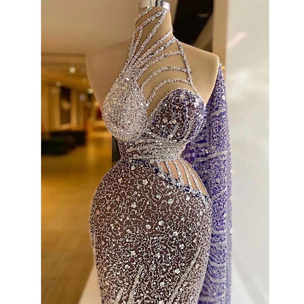 Elegant Purple Mermaid Prom Fashion Halter Sequins One-Shoulder Evening Dresses Custom Made or Length Party Gowns