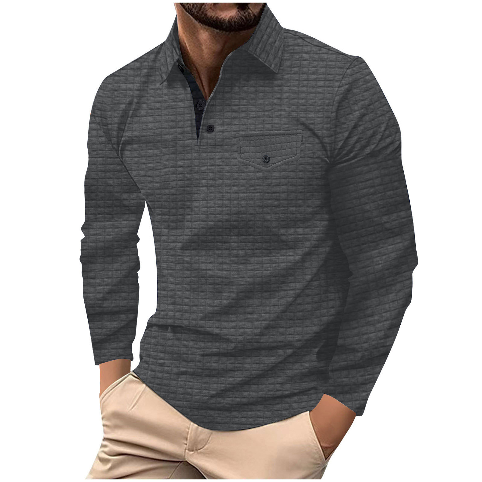 Men's long-sleeved plaid POLO shirt sports poloshirt with button pockets autumn Polo Shirts for Men, Casual T-Shirt, Cotton Clothing, Breathable 