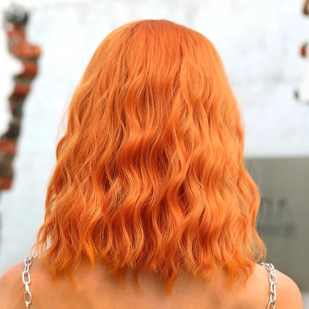 Short Curly Bob Cut Synthetic Wigs with Bangs Light Ginger Orange Water Wave Wig for Black White Women Halloween Heat ResistantXJ241008