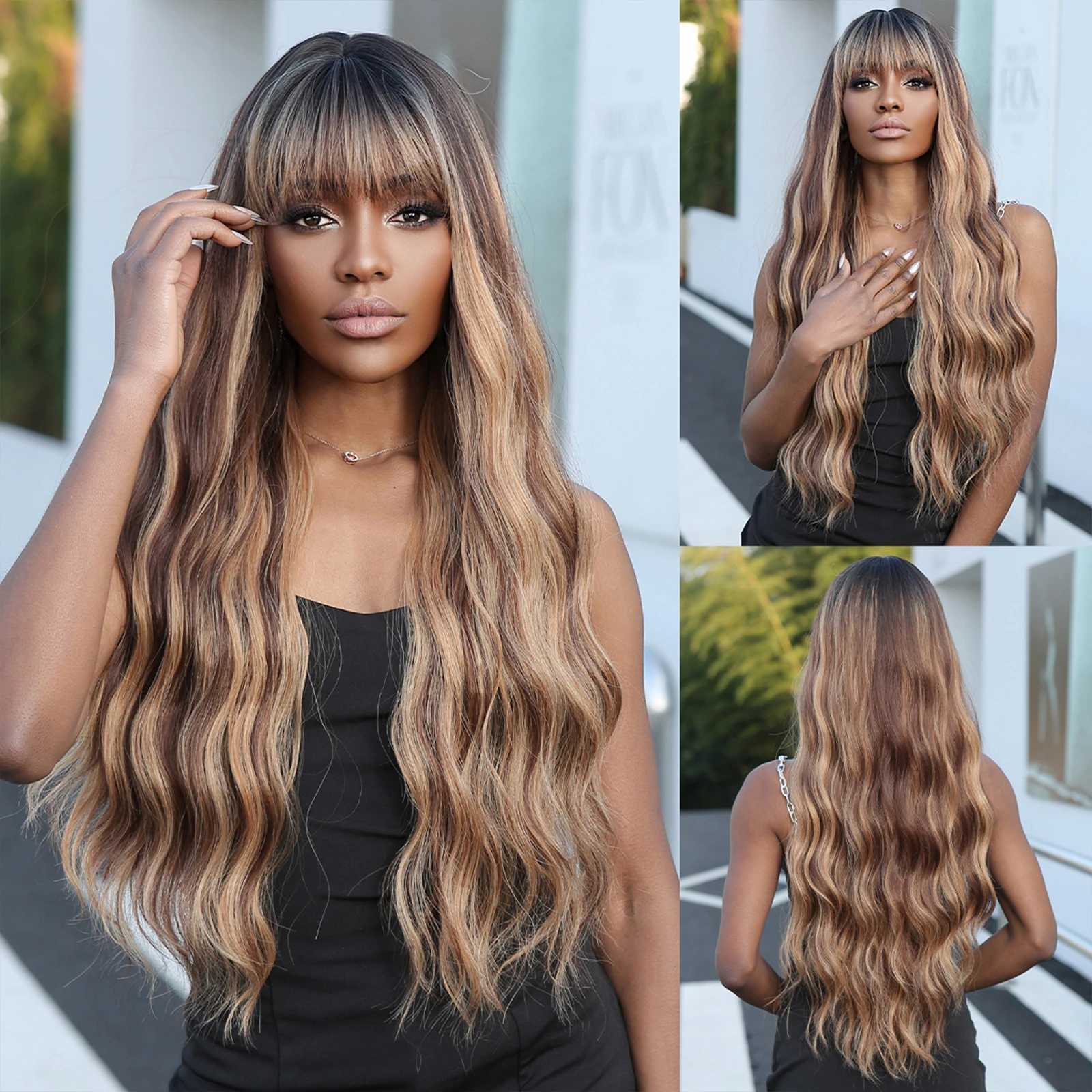 Chocolate Brown Highlight Synthetic Wigs Long Curly Wave Hair Wig With Bangs for Women Heat Resistant Honey Brown Cosplay HairXJ241008