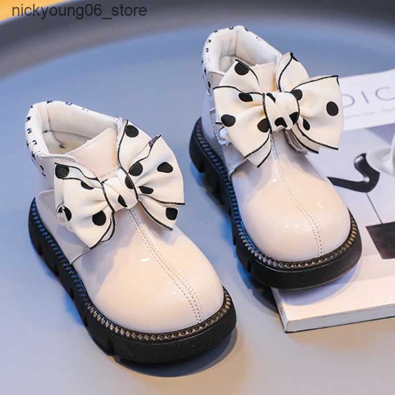 Boots Girls Ankle Boots Black White Versatile Princess Polka Dot Bow Kids Fashion Casual Short Boots Hook Loop Children Glossy Shoes L240910