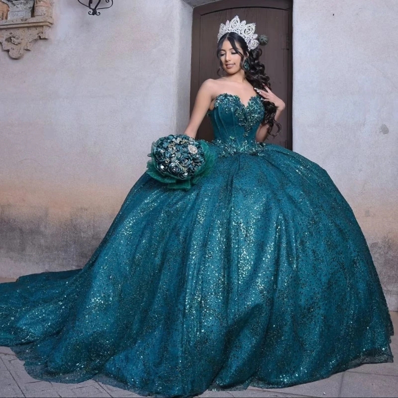 Luxury Blackish Green Off The Shoulder Quinceanera Dresses Lace Beading Crystal Tull Sweet 16 Dress Ball Gown Vestidos De XV 15 Anos