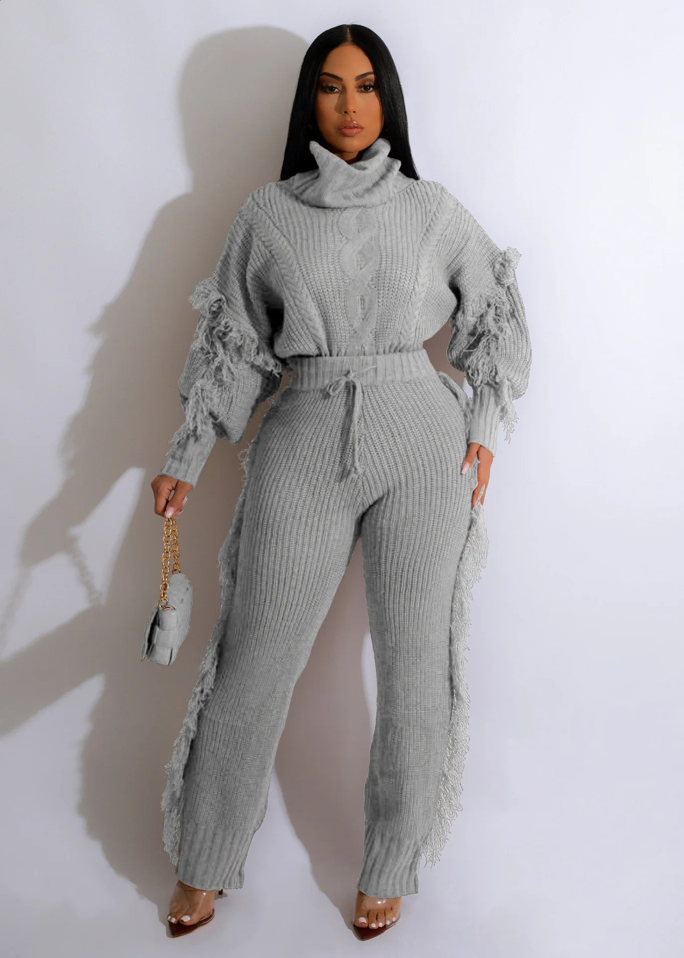 Knitted sweater set womens track suit autumn tassel sleeves navy blue collar mouth floral side pants casual and warm twopiece 241007