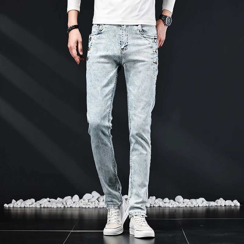 Ultra thin tight jeans mens new elastic Korean design fashionable multi button blue and white retro washed cotton elastic denim pants TrouserW240715