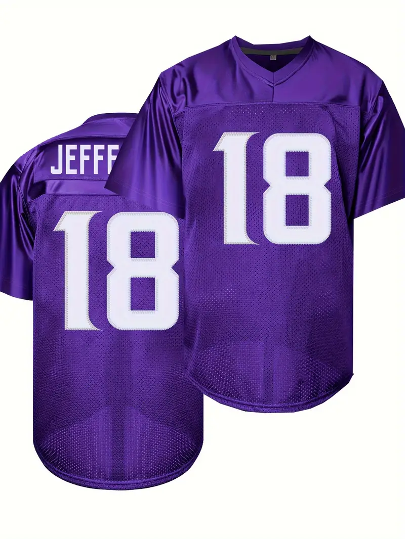 #18 Justin Jefferson Comfy V-Neck Football Jersey Purple Mesh Embroidery for Training and Competition Breathable Moisture-Wicking American Football Sh