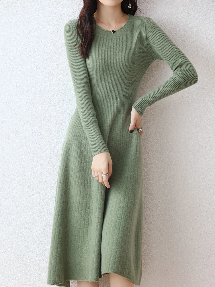 100% pure wool knitted dress womens Oneck ultrathin Frock high waisted long skirt fashionable pullout sweater large swing 241007