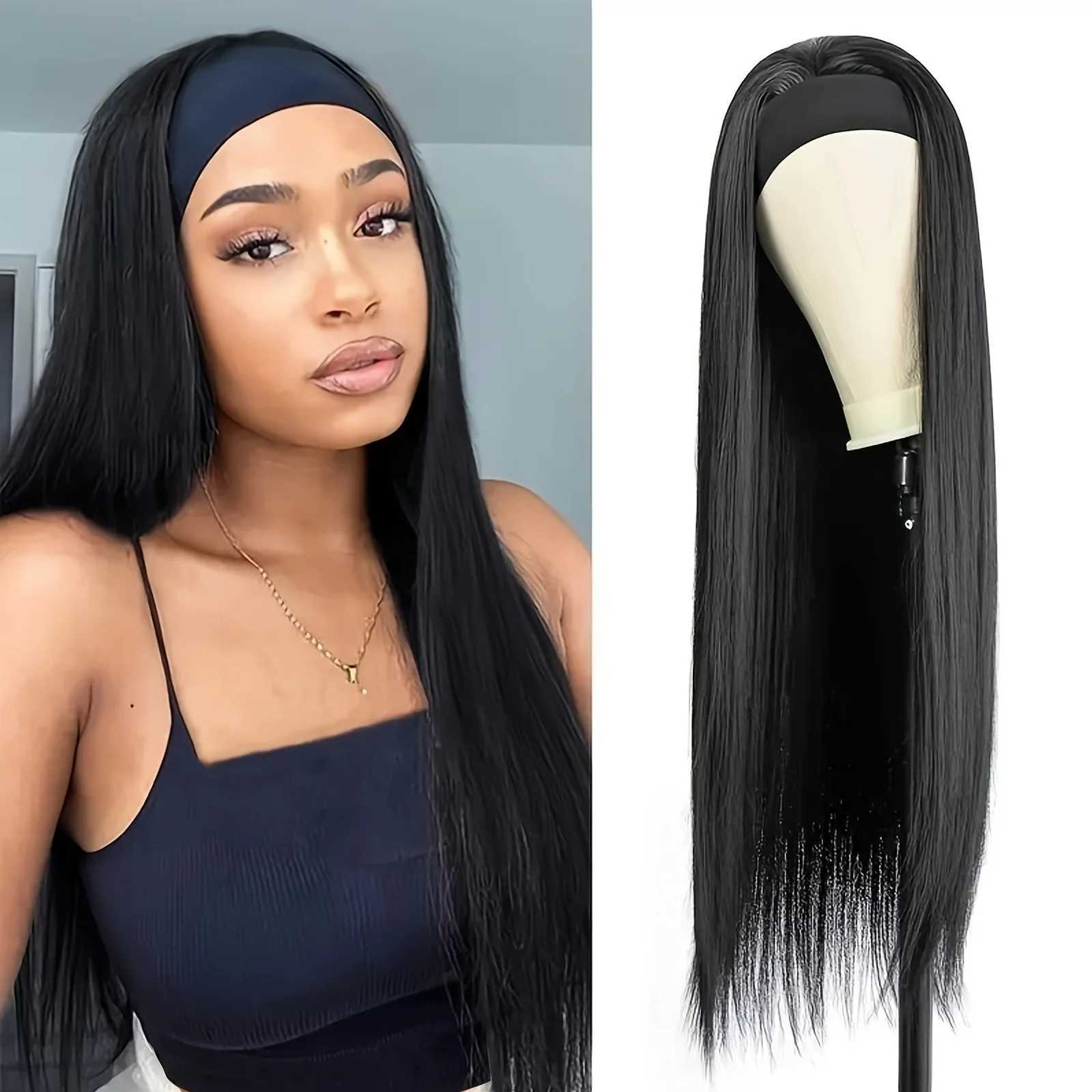 28 Inch Straight Headband Wig Black Heat Resistant Synthetic Hair Womens Headband Wig Full Machine Made Wigs WomenXJ241008