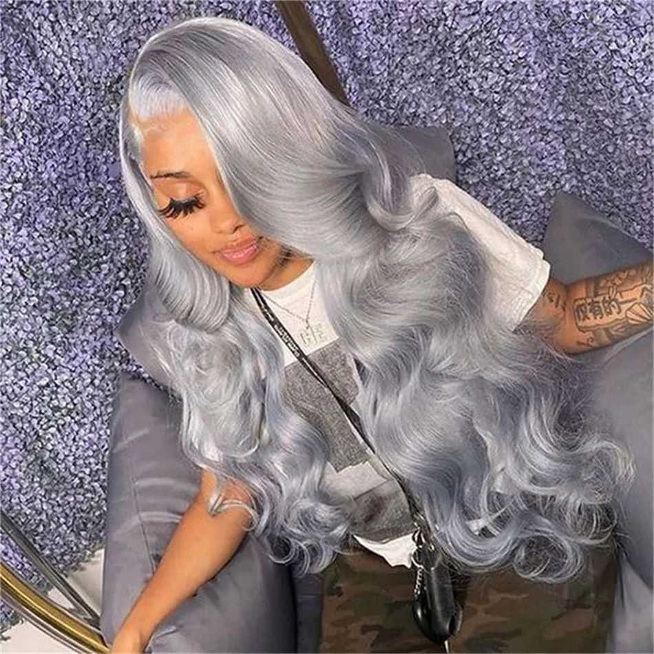 Grey Lace Front Wigs Human Hair Pre Plucked Silver Body Wave Human Hair Wig13x4 HD Transparent Lace Frontal Wig Glueless SilverXJ241008