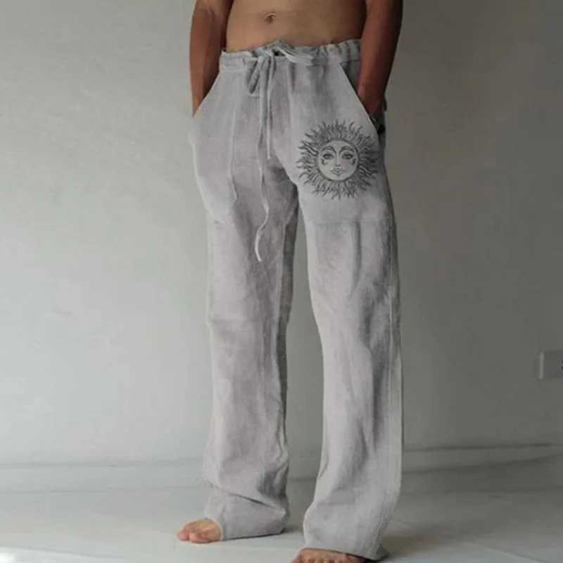 Mens Casual Pants sweatpants Sun Flower Print Full Length Pants Pocket Drawstring Linen Trousers MenX241008