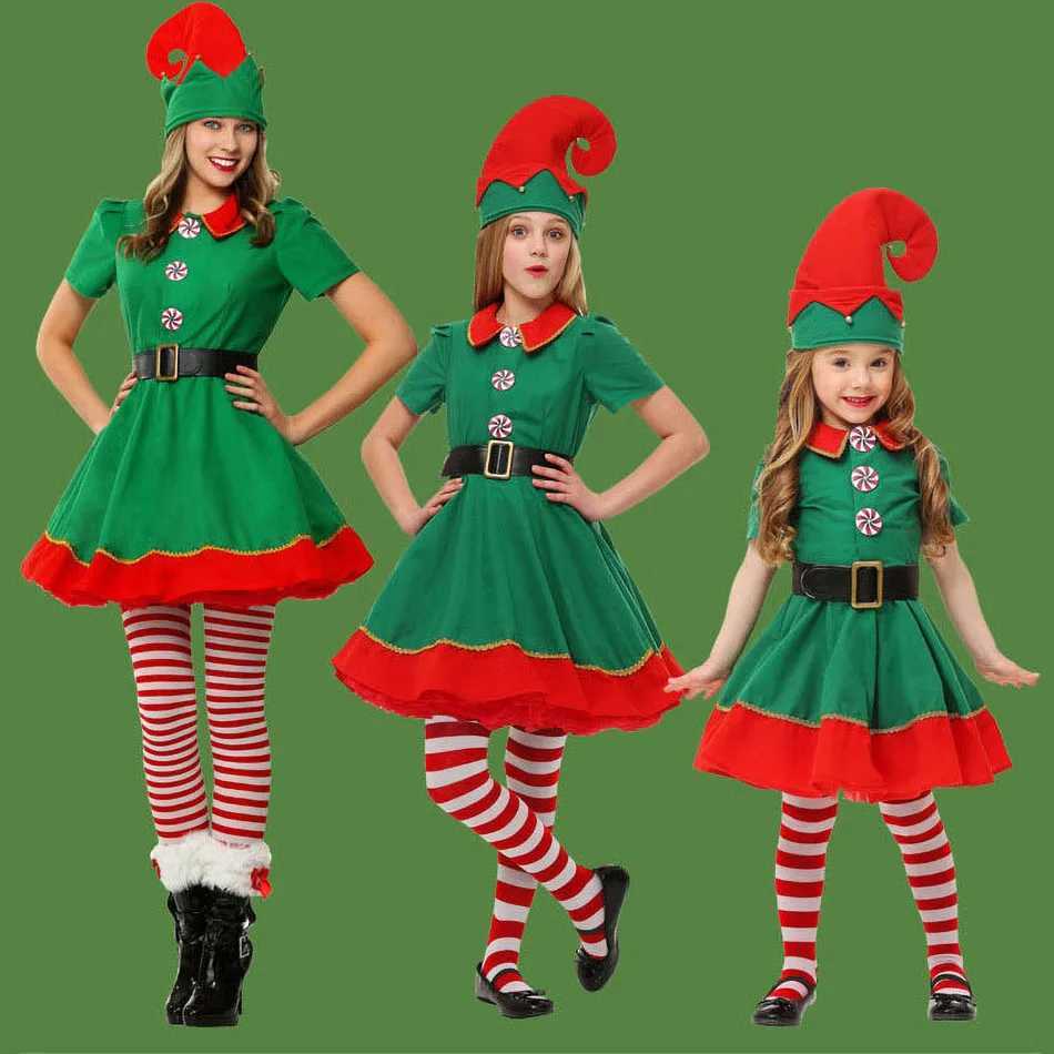 Christmas Family Matching Costumes for Boys and Girls Elf Christmas Costume Set Adult Green Red Party Top Pants Hat Belt Set Role Playing Costumes W24
