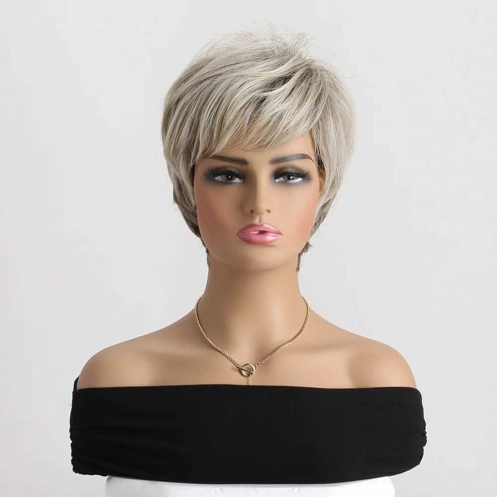Short Wig Brown Mixed Blonde Synthetic Wigs Straight For Women Hair With Bangs Hair Breathable Rose Mesh Daily Party Cosplay UseXJ241008