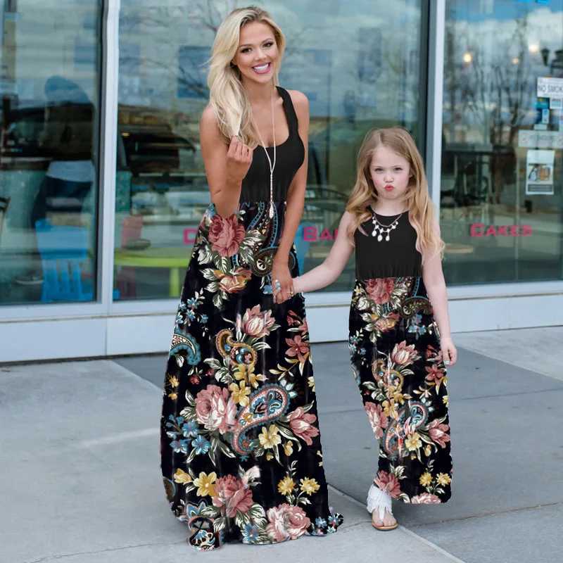 Summer Mother and Daughter Flower Long Dresses Beach Party Bohemia Maxi Dress Sundress Outfits Cotton Beachwear for Parent-ChildXJ241008