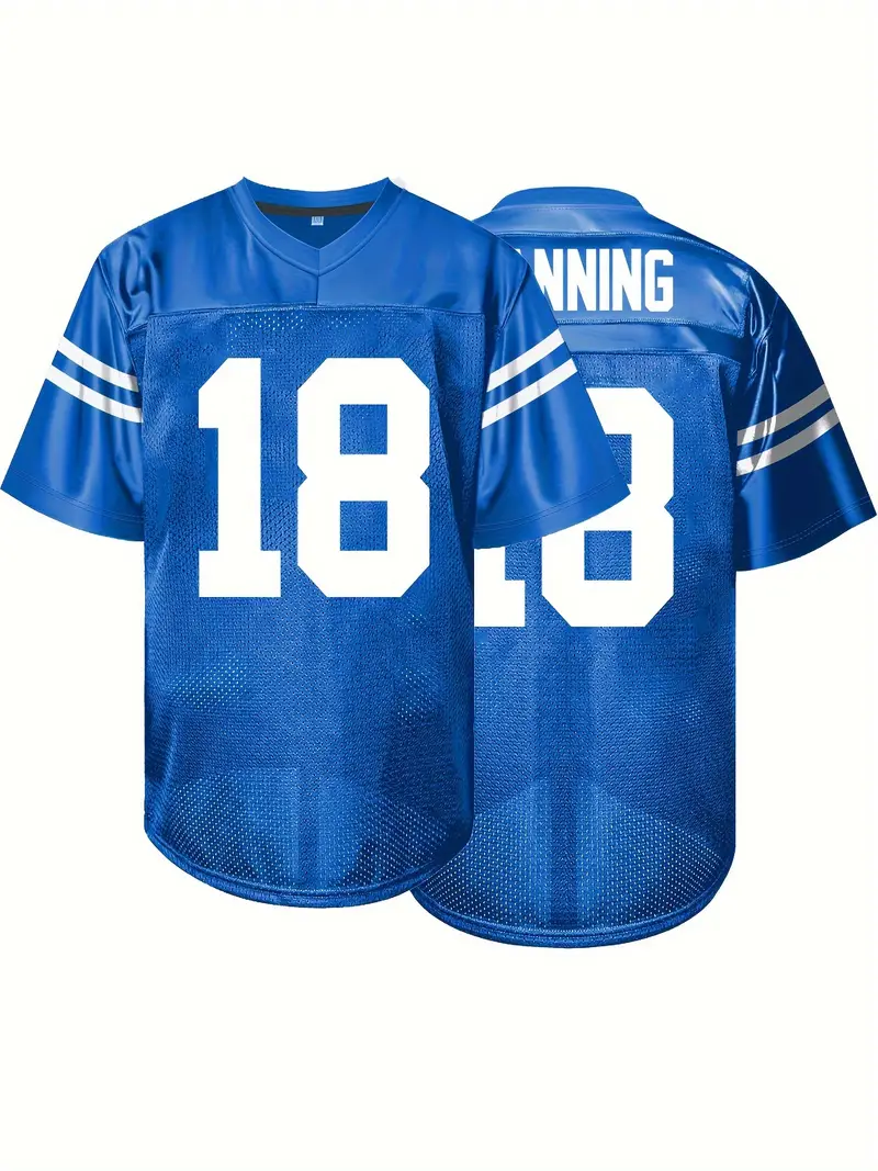 #18 Peyton Manning Comfy V-Neck Football Jersey Blue Mesh Embroidery for Training and Competition Breathable Moisture-Wicking American Football Shirt