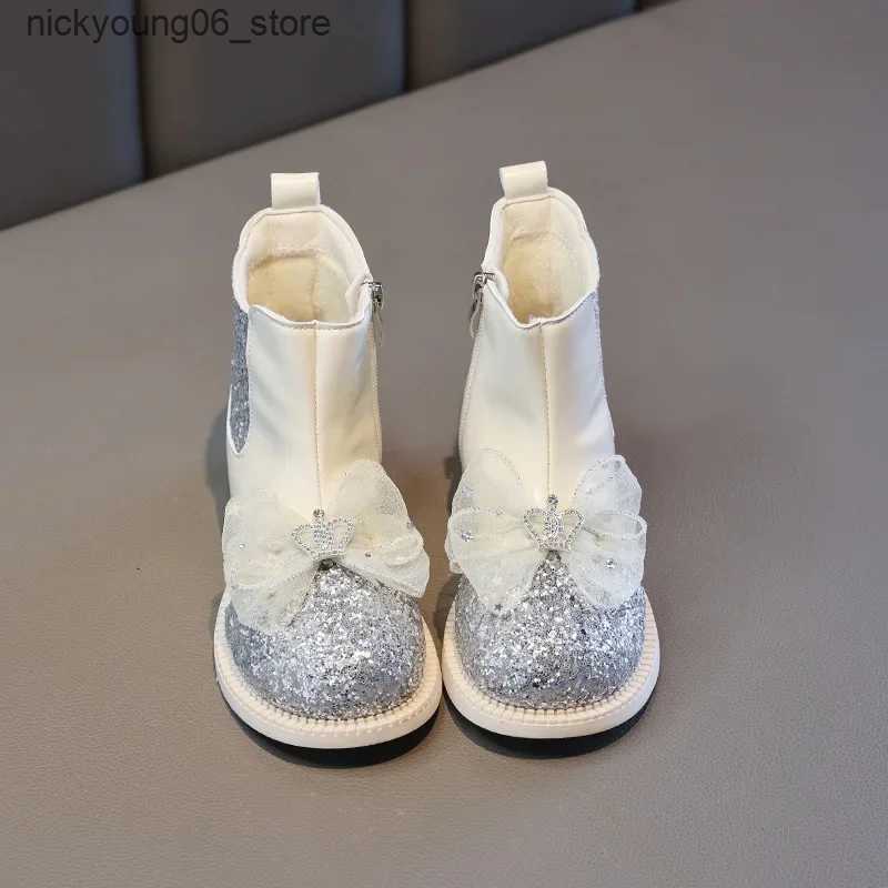 Boots Kid Shoe Fashion Girl Boots Autumn 2023Trend Soft Sole Princess Boot Non Slip Two Cotton Leather Boot Bow Ankle Boot Botas L240910
