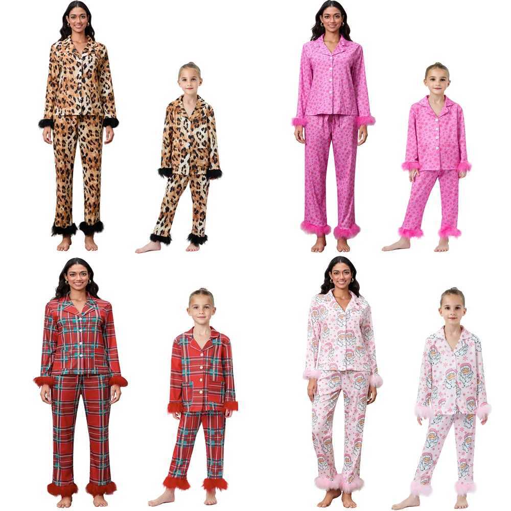 Christmas Family Matching Pajamas New Years Christmas Mother Children Panther/Plaid/Santa Claus Printed Feather Decoration Shirt Pants Pajamas W241008