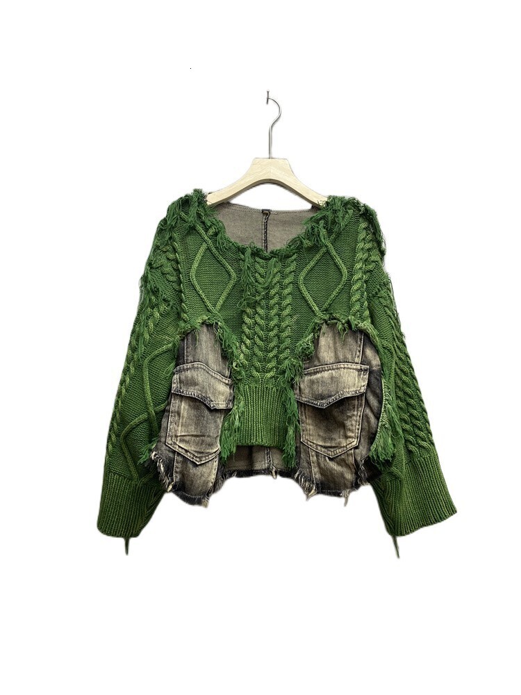 LYUZHE 2024 Autumn Winter New Denim Spliced Knitted Pullover Sweater Women Loose Large Size Show Slim Top Zxf376a