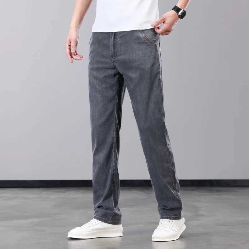 Summer thin mens jeans Lyocell fabric soft and breathable straight denim pants brand mens elastic ice silk casual Trouser gray blueW240715
