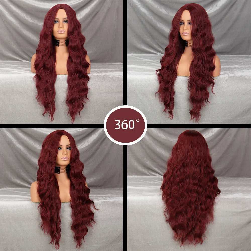 Long Wavy Wine Red Synthetic Wig Womens Heat-Resistant Natural Half Part Cosplay Party Lolita WigXJ241008
