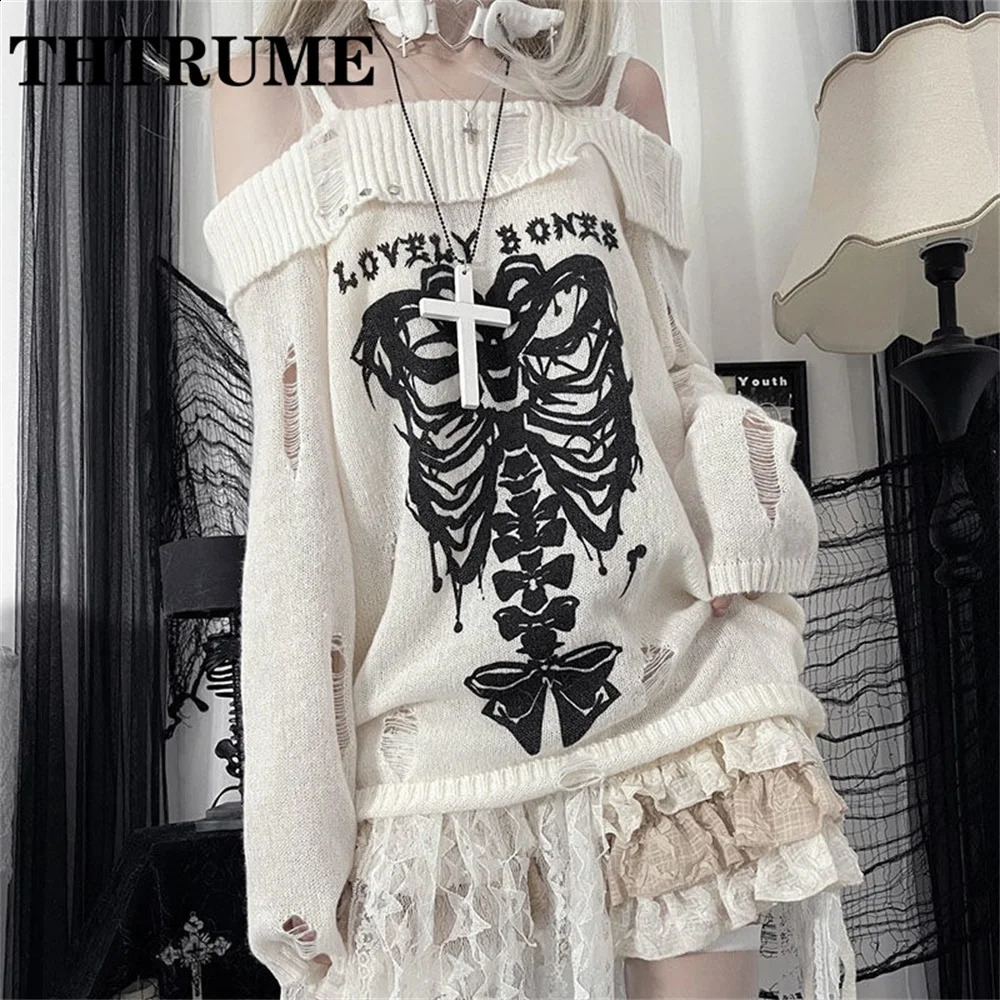 Harajuku retro Y2K sweater fashionable womens knitted hollow autumn long sleeved skydiving top casual shoulder loose zipper 240927