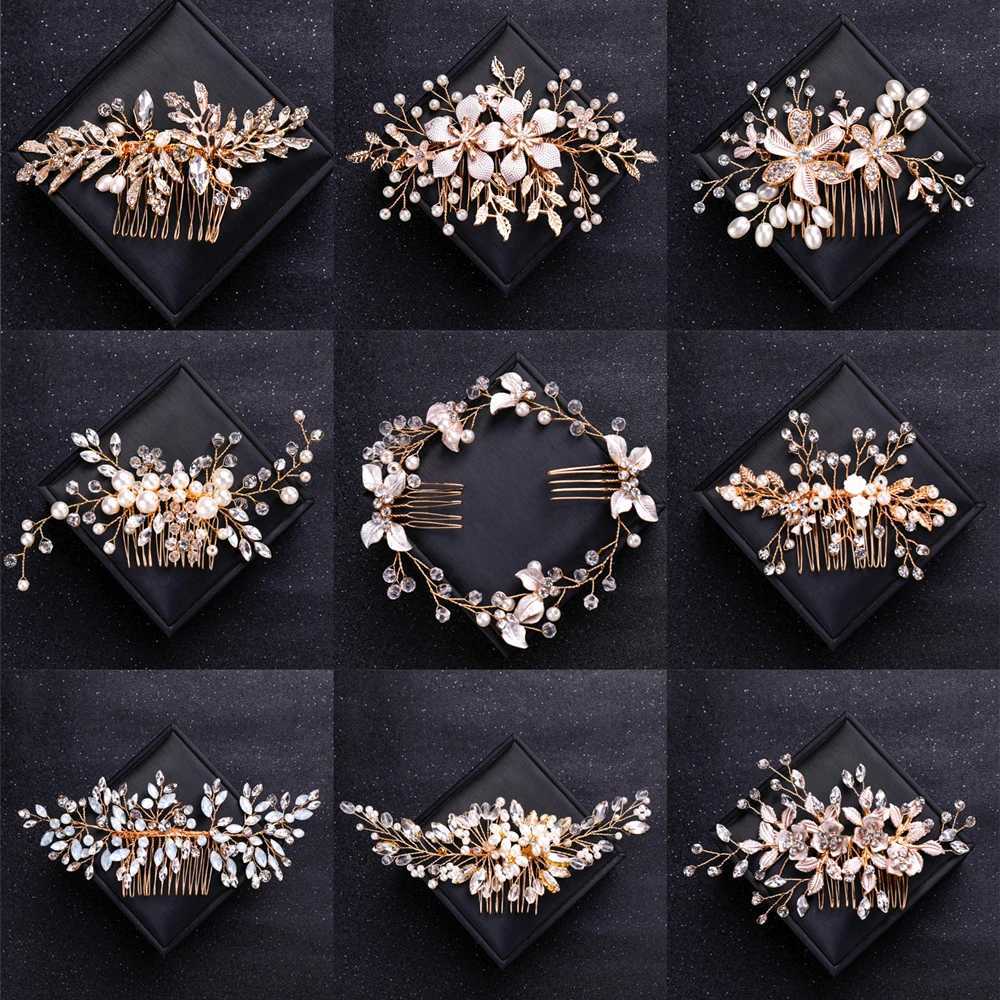 Golden crystal pearl hair comb headband for women bridal party bridal wedding hair accessories jewelry comb headband W241007